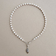 0--WHITE MINI COIN PEARL NECKLACE W/ HEART--16"