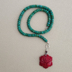0--GREEN TURQUOISE HEISHI NECKLACE WITH ROSE PENDANT--16"