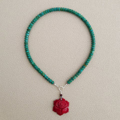 0--GREEN TURQUOISE HEISHI NECKLACE WITH ROSE PENDANT--16"