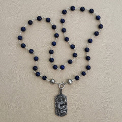 00--8MM LAPIS LAZULI NECKLACE W/ 925 SILVER DRAGON--26"