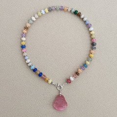 0--MIXED GEMSTONE NECKLACE IN JELLYBEAN COLORS W/ PINK BUDDHA-16"