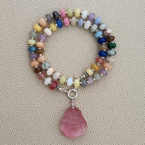 0--MIXED GEMSTONE NECKLACE IN JELLYBEAN COLORS W/ PINK BUDDHA-16"