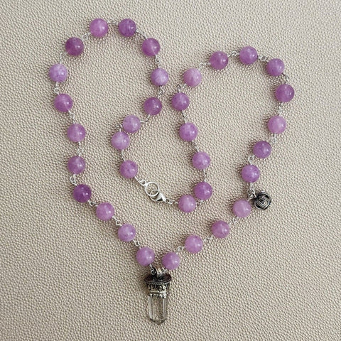 LAVENDER JADE NECKLACE WITH CLEAR QUARTZ PENDANT-24"