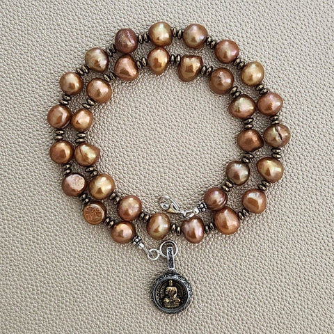 0--ORANGE GOLD PEARL NECKLACE W/ BUDDHA PENDANT-18"