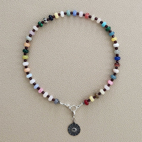 0--MIXED GEMSTONE NECKLACE W/ EYE PENDANT-16"