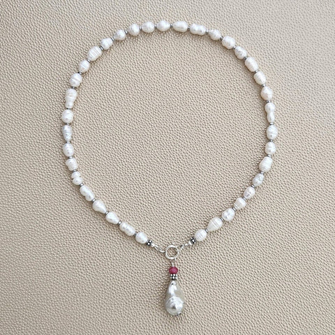 0--MINI BAROQUE PEARL NECKLACE W/ FLAMEBALL DROP--16"