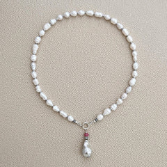 0--MINI BAROQUE PEARL NECKLACE W/ FLAMEBALL DROP--16"