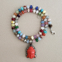 0--JELLYBEAN COLORS MIXED GEMSTONE NECKLACE W/ BUDDHA PENDANT-20"