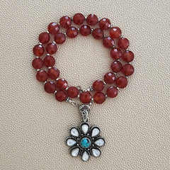 0--CARNELIAN NECKLACE W/ 925 FLOWER PENDANT--16"