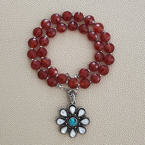 0--CARNELIAN NECKLACE W/ 925 FLOWER PENDANT--16"