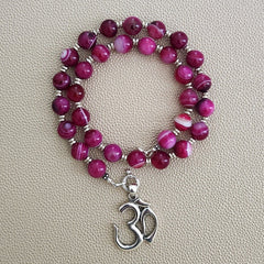 0--FUCHSIA STRIPE AGATE NECKLACE W/ OM PENDANT-18"
