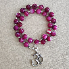 0--FUCHSIA STRIPE AGATE NECKLACE W/ OM PENDANT-18"
