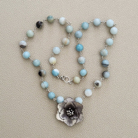 0--AMAZONITE NECKLACE WITH POPPY PENDANT-24"