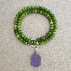 0--GREEN COLOR JADE NECKLACE W/ PURPLE BUDDHA--20"