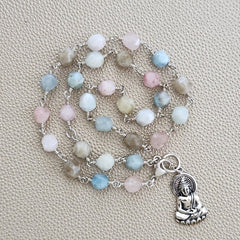MORGANITE NECKLACE WITH 925 SILVER BUDDHA-19"