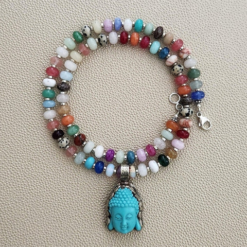0--JELLYBEAN COLORS MIXED GEMSTONE NECKLACE W/ BUDDHA PENDANT-22"