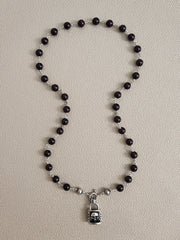 00--GARNET NECKLACE W/ 925 SILVER SKULL LOCK-24"