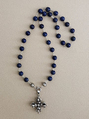 00--10MM LAPIS LAZULI NECKLACE W/ 925 SILVER DORJE PENDANT-26"
