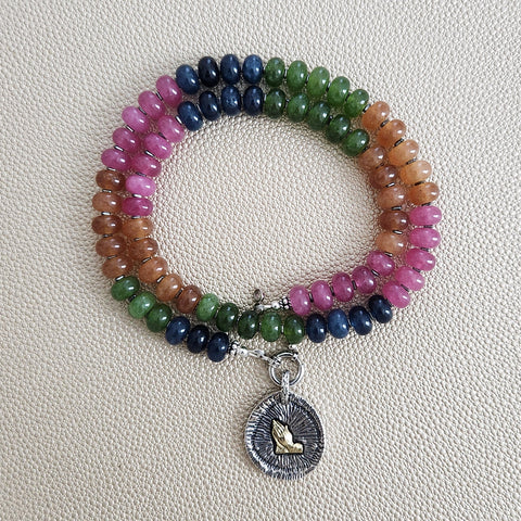 0--MIDNIGHT GARDEN MULTICOLOR JADE NECKLACE W/ 925 PRAYING HANDS PENDANT--19"