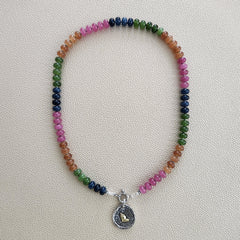 0--MIDNIGHT GARDEN MULTICOLOR JADE NECKLACE W/ 925 PRAYING HANDS PENDANT--19"