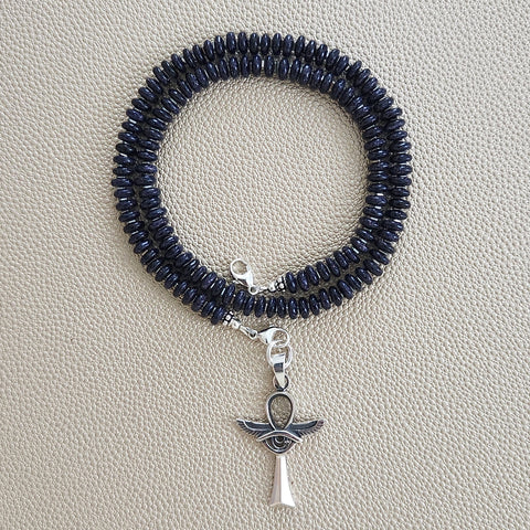 0--MIDNIGHT SKY NECKLACE W/ 925 ANKH PENDANT--18"