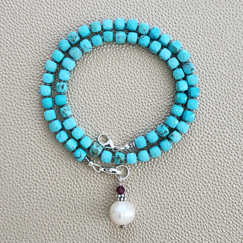 0--TURQUOISE MINI CUBE NECKLACE W/ PEARL DROP--16"