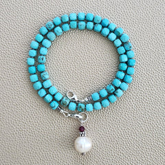 0--TURQUOISE MINI CUBE NECKLACE W/ PEARL DROP--16"