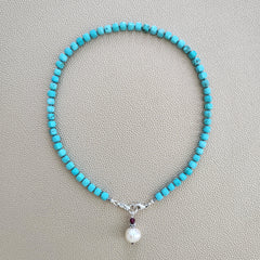 0--TURQUOISE MINI CUBE NECKLACE W/ PEARL DROP--16"