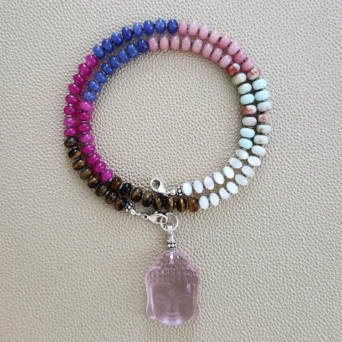 0--HAPPY IN HILO MULTI GEMSTONE NECKLACE W/ PINK BUDDHA--20"