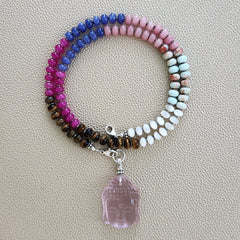 0--HAPPY IN HILO MULTI GEMSTONE NECKLACE W/ PINK BUDDHA--20"