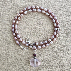 0--NATURAL PURPLE PEARL NECKLACE W/ ROSE QUARTZ DROP--16"