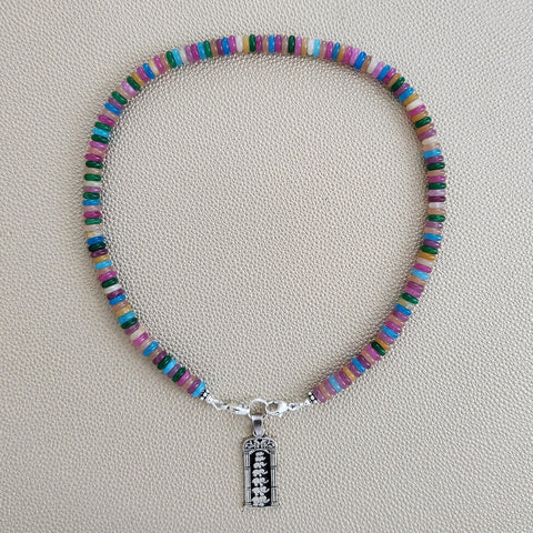 0--MINI BRIGHT MULTI-COLORED GEMSTONE NECKLACE W/ 925 ELEPHANT--16"