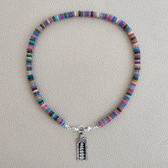 0--MINI BRIGHT MULTI-COLORED GEMSTONE NECKLACE W/ 925 ELEPHANT--16"