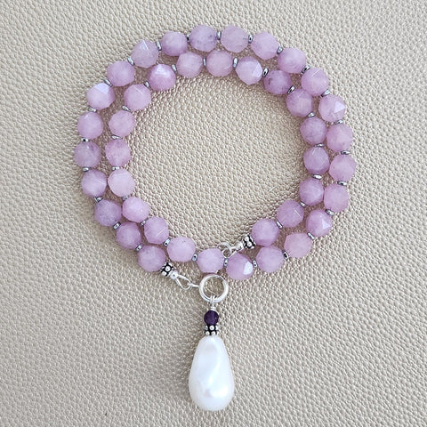 0--STAR CUT LAVENDER JADE NECKLACE W/ PEARL DROP--16"