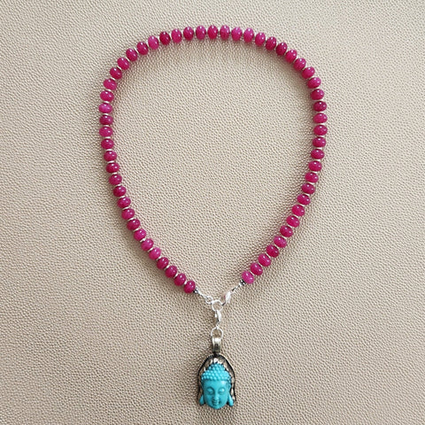 FUCHSIA JADE NECKLACE W/ BUDDHA PENDANT-18"