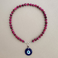 0--PINK TIGERS EYE NECKLACE W/ EYE PENDANT--16"