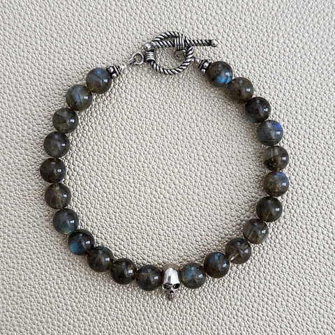 LABRADORITE BRACELET WITH 925 SILVER SKULL BEAD
