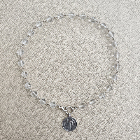 Y--CLEAR QUARTZ NECKLACE W/ ST BENEDICT MEDAL-16"