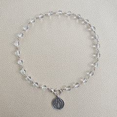 Y--CLEAR QUARTZ NECKLACE W/ ST BENEDICT MEDAL-16"