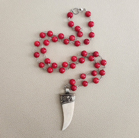 RED CORAL NECKLACE WITH BONE CLAW PENDANT-33IN