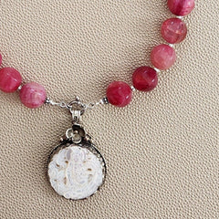 0--PINK AGATE NECKLACE W/ KWAN YIN--16"
