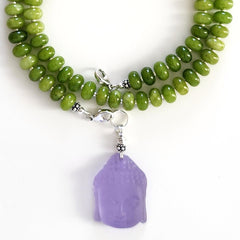 0--GREEN COLOR JADE NECKLACE W/ PURPLE BUDDHA--20"