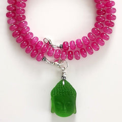 0--FUCHSIA JADE NECKLACE W/ GREEN BUDDHA PENDANT--20"