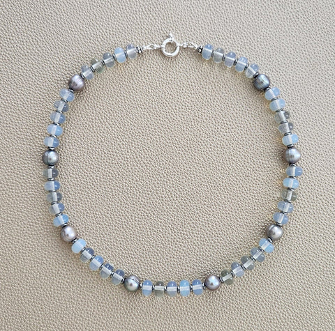 0--OPALITE NECKLACE W/ SILVER PEARLS--16"