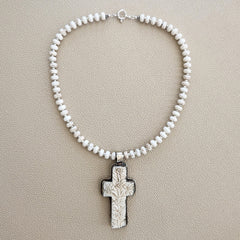 0--WHITE HOWLITE TURQUOISE NECKLACE W/ CARVED CROSS--18"