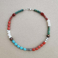 ORANGE & TURQUOISE MIX BEADED NECKLACE--16"