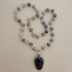 00--BLACK WHITE DRAGON VEIN AGATE NECKLACE W/ SKULL PENDANT-27"