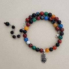 MIXED AGATE NECKLACE W/ 925 SILVER OM HAND--17-20"