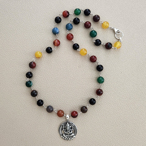 MIXED AGATE NECKLACE WITH GANESH PENDANT-24"