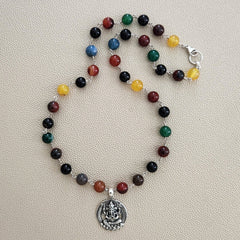 MIXED AGATE NECKLACE WITH GANESH PENDANT-24"